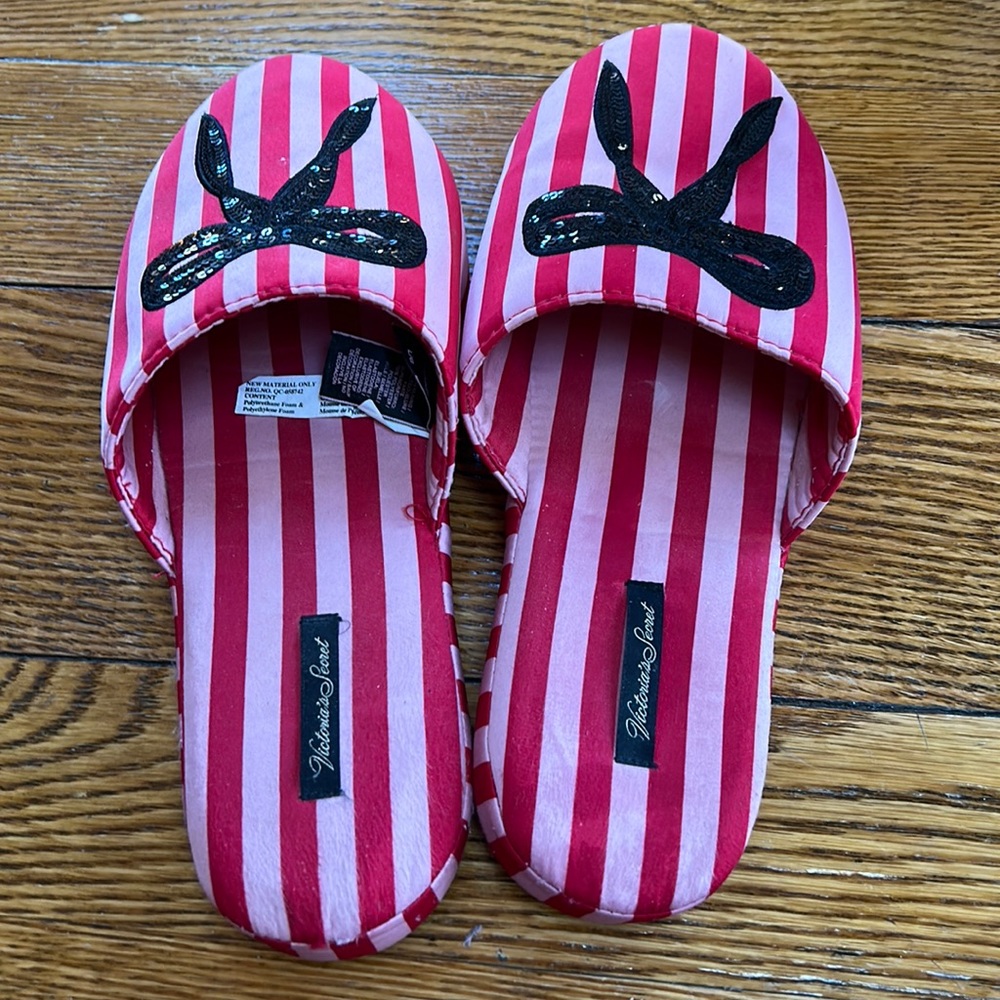 Victoria’s Secret stripe slippers, sequin bows.  Size Large.